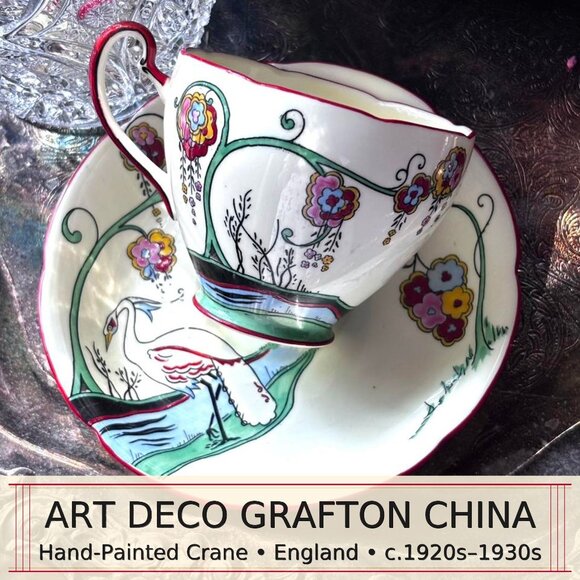 1920s Art Deco Grafton China Teacup & Saucer  Hand Painted Crane & Floral  Engla - Picture 1 of 12